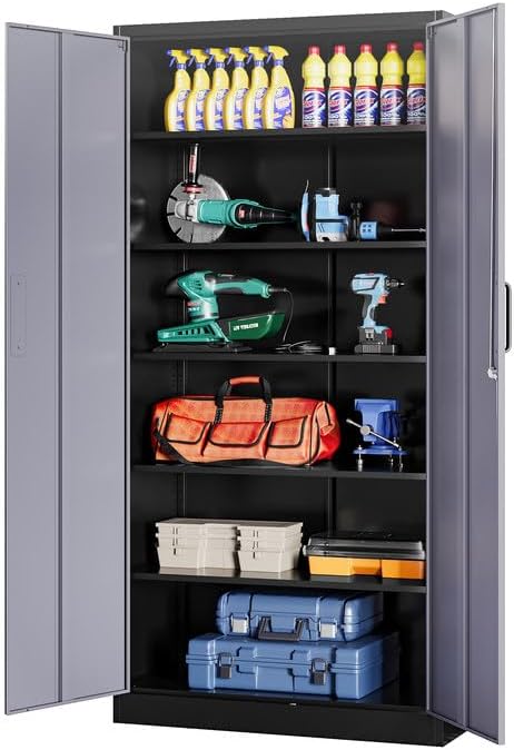 Metal Garage Cabinets, 72" Tall Locking Storage Cabinets with 2 Doors and 5 Adjustable Shelves, Steel Utility Tool Cabinet, Lockable Outdoor Storage Cabinet for Pantry, Garage, Home Office