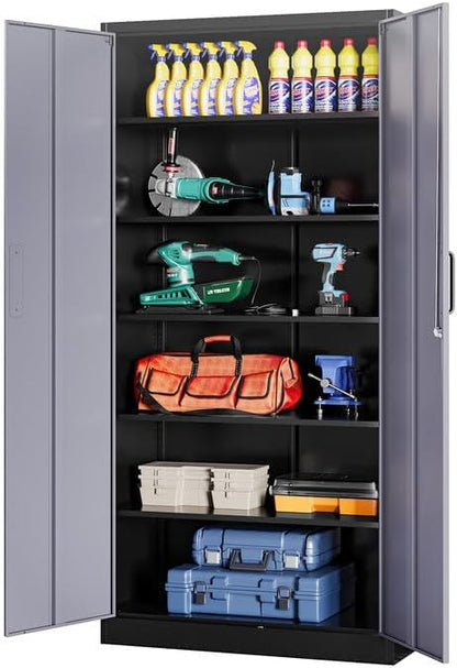 Metal Garage Cabinets, 72" Tall Locking Storage Cabinets with 2 Doors and 5 Adjustable Shelves, Steel Utility Tool Cabinet, Lockable Outdoor Storage Cabinet for Pantry, Garage, Home Office