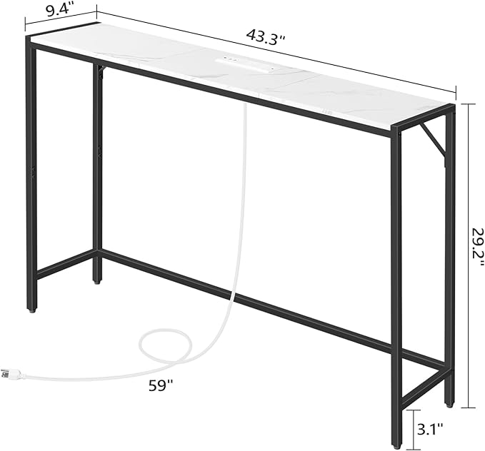 Console Table, Narrow Sofa Table Behind Couch, 43.3” Entrance Table with Power Station, Simple Style, for Living Room, Hallway, Entryway, Foyer, Marble and Black CTHM112E01