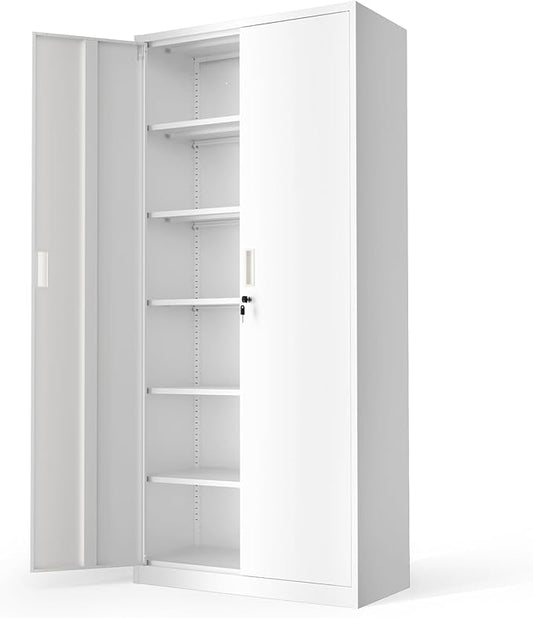 VINGLI Metal Garage Storage Cabinet with 2 Doors and 5 Adjustable Shelves, 71" Tall Steel Lockable File Cabinet, Locking Tool Cabinets for Home Office Garage Gym School (White)