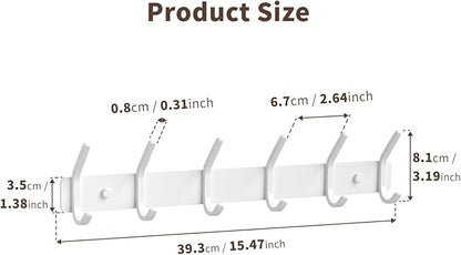 Coat Rack Wall Mount Hooks - 15 Inch Matte White Metal 6-Hook Organizer Wall Mounted, Modern Kids Room, Entryway & Bathroom Hanger for Beach Towels, Coats, Purses, Bags (1 Pack)