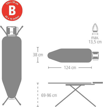 Brabantia Size B Ironing Board (49x15 in) 7 Height Options, Adjustable Steam Iron Rest Holder (Fresh Breeze) Non-Slip Feet, Anti-Collapse Child Locks