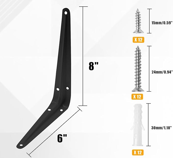 4 Pcs Shelf Brackets, 6 x 8 Inch Black Heavy Duty Metal Wall Corner Angle Shelving for Wall Hanging Shelves with Wall Anchors and Screws(Black)