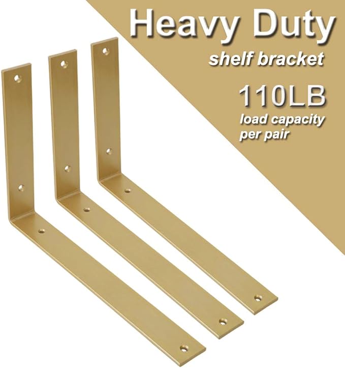 Shelf Brackets 12 Inch Wall L Brackets 4PCS Heavy Duty for Shelves Metal Gold Rustic Industrial Brackets for DIY Opening Shelves Project Hardware Included