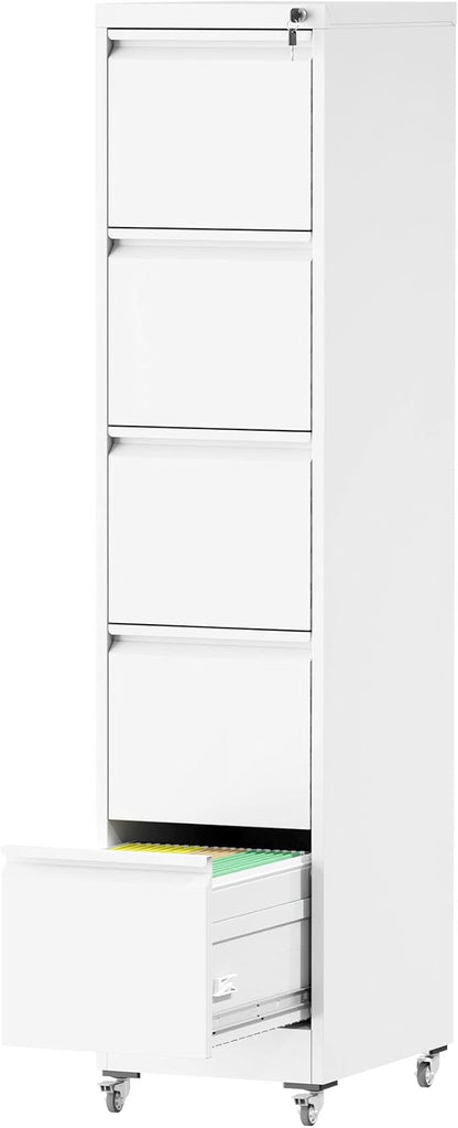5 Drawers Filing Cabient with Wheel, File Cabinet with Lock, Steel Vertical Filing Storage Cabinet for Office, Heavy-Duty File Cabinets for Letters/Legal/A4 (Require Assembly, White)