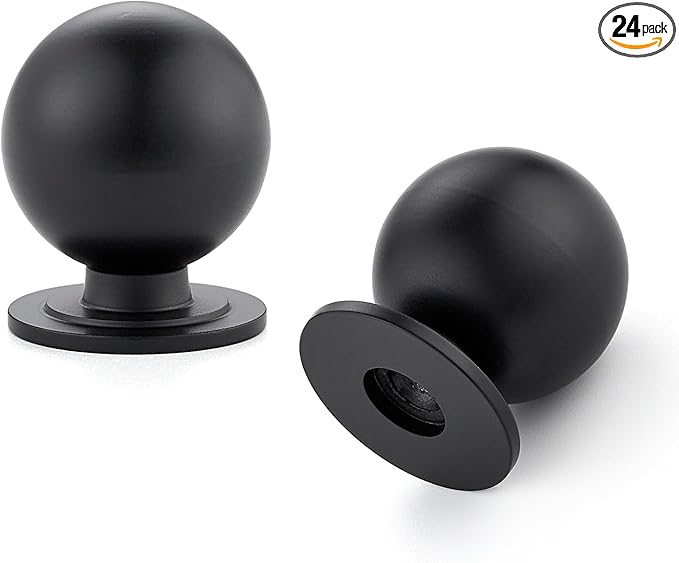 24 Pack Black Cabinet Knobs, Round Dresser Knobs, Ball Kitchen Cabinet Hardware, 0.95" Diameter