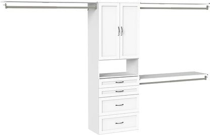 ClosetMaid SuiteSymphony Hanging Closet Kit Includes (1) Tower, (3) Closet Rods, (4) Shelves, (3) Top Shelves w/Brackets, (4) Drawers, and (1) Closet Door Set, White