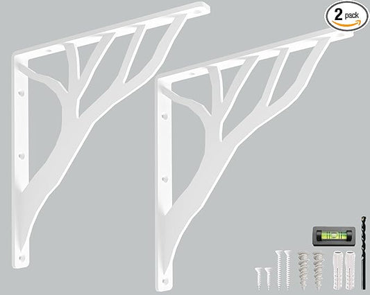 Rustic Tree White Heavy Duty Shelf Brackets 12 inch by Balin Designs, Decorative L Brackets, Iron Metal Floating Shelf Bracket, Wall Mount Shelving Bracket, Included Hardware, Set of 2