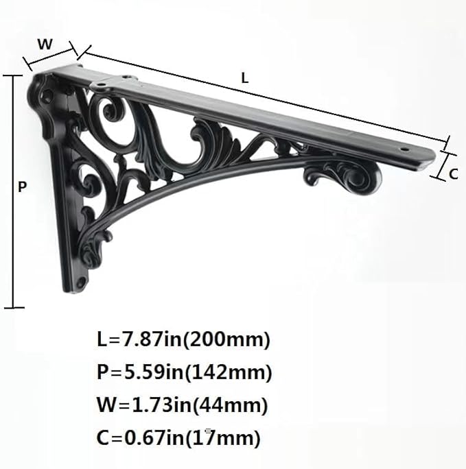 Decorative Shelf Bracket 8 inch, Black Brackets for Shelving, Heavy Duty Vintage, DIY Projects, Hardware Included, 4 Pack, 7.87x5.6x1.73 inch，Baroque Style