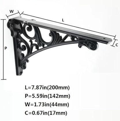 Decorative Shelf Bracket 8 inch, Black Brackets for Shelving, Heavy Duty Vintage, DIY Projects, Hardware Included, 4 Pack, 7.87x5.6x1.73 inch，Baroque Style