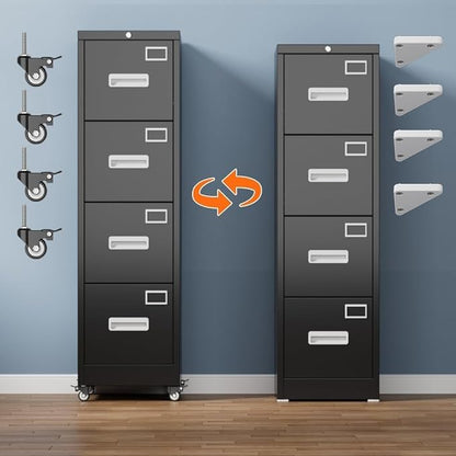 Aobabo 4 Drawer File Cabinet with Lock and Wheels, Metal Vertical Filing Cabinet with Anti-Tilt Interlock System for Home Office, Fits Letter/Legal Size, Black,Required Assembly