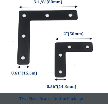 DGOL 20 Packs Two Sizes 3-1/8 inch and 2 inch L Black Flat Corner Braces with Screw, Picture Photo Frame Angle Bracket