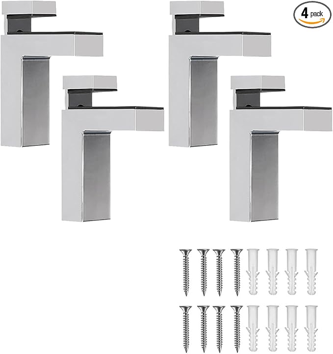 Adjustable Glass/Wood Shelf Brackets 4 Pcs (3-28mm), Wall-Mounted Zinc Alloy Clamp for Heavy Duty Support, Rust Resistant for Bathroom, Cabinets, Kitchen