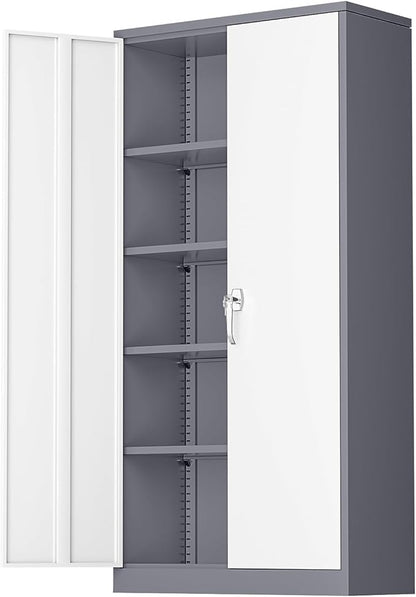 Greenvelly Metal Storage Cabinet with 2 Doors and 4 Adjustable Shelves, Lockable Steel Tool Cabinet for Home, Office, Garage, Classroom (Grey White)
