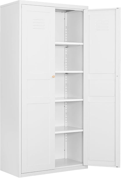 Metal Storage Cabinet-71” Tall Steel File Cabinets with Doors and 5 Adjustable Shelves-White Steel Storage Cabinet for Home,Kitchen, School, Office, Garage