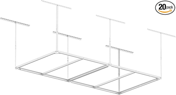 4x8ft Overhead Garage Storage Rack Wooden Decking Not Included, Heavy Duty Metal Rack, Adjustable Ceiling Dropdown, 600lbs Weight Capacity (White)
