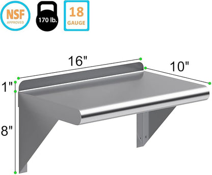 NSF Certified 18 Gauge Heavy Duty Stainless Steel Wall Shelf with Brackets for Kitchens, Utility Rooms, Storage, Offices & Home (16"x10")