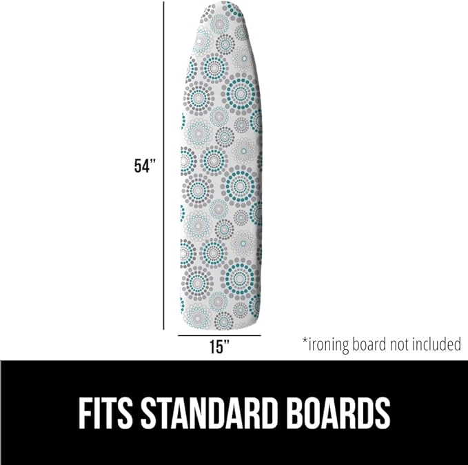GORILLA GRIP The Original Ironing Board Cover and Pad, Silicone Coating, Thick Scorch Resistant Padding, Heavy Duty Iron Covers Standard Boards, Hook and Loop Fastener Strap, Spiral Turquoise, 15x54