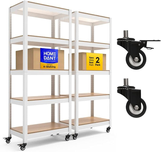 HOMEDANT House 5 Tier Heavy Duty Garage Shelving Adjustable Metal Rack Storage Shelves Standing Shelf Unit Organizers Pantry Closet Office (2, White, (Wheels) 24.4" W x 16.2" D)
