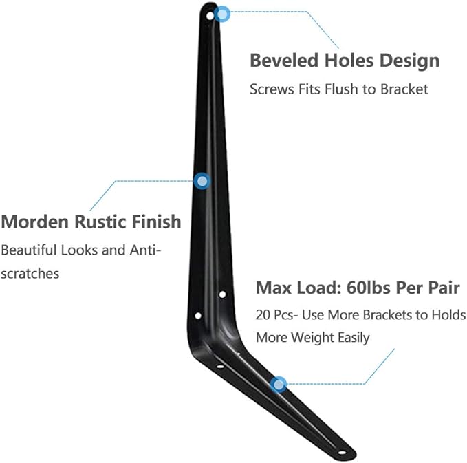 20 Pack Shelf Brackets 12 inches, Heavy Duty Black Iron Metal Floating Shelf Bracket, Rustic Farmhouse Decorative L Brackets for Shelves, Wall Mount Corner Brace for Wood Boards