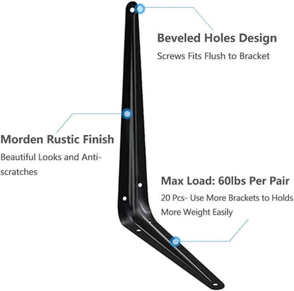 20 Pack Shelf Brackets 8 Inch, Heavy Duty Heavy Duty Black Metal Floating Shelf Bracket, Rustic Farmhouse Decorative Iron L Bracket, J Brackets Wall Angel Corner Brace for Wood Shelves