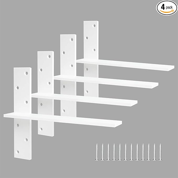 Floating Shelf Bracket 3/8" Thick Heavy Duty Shelf Brackets White 4 Pack Free Hanging Countertop Support Bracket 18" Lx2.5 W Floating Wall Brackets for Cabinets, Dishwasher, Bench Seats Vanities