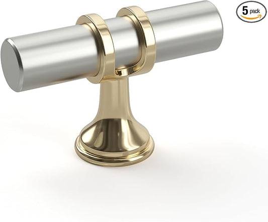 goldenwarm 5 Pack Brushed Nickel and Gold Cabinet Knobs Kitchen Cabinet Knobs Gold Drawer Pull Handles Brushed Nickel Drawer Hardware, Single Hole Handles