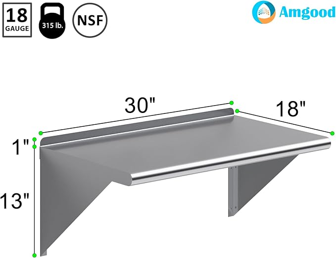 AmGood 18 in. x 30 in. Stainless Steel Wall Shelf | NSF | Metal Shelving | Garage, Laundry, Storage, Utility Room | Restaurant, Commercial Kitchen