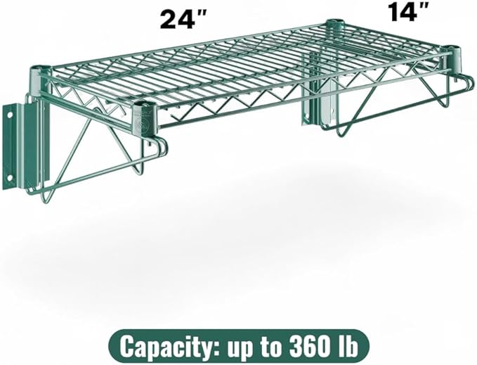 14" x 24" Green Wall-Mounted Wire Shelf with Epoxy Coating, Heavy-Duty Steel Storage Rack, NSF Certified, Easy Installation, Open Wire Design for Kitchen, Garage, or Utility Storage
