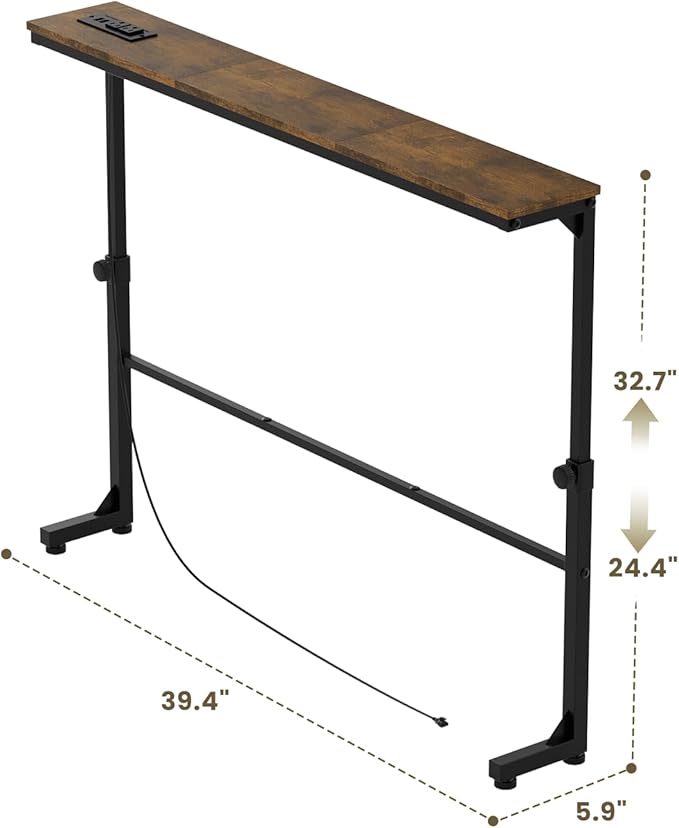 Aduanbang Adjustable Height Narrow Console Table with 2 Power Outlets, 39.4" Long x 5.9" Wide, Slim Behind Sofa Table, Rustic Brown – Ideal for Living Room, Entryway, or Hallway
