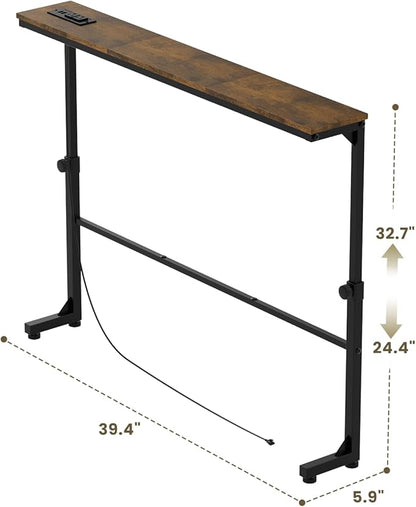Aduanbang Adjustable Height Narrow Console Table with 2 Power Outlets, 39.4" Long x 5.9" Wide, Slim Behind Sofa Table, Rustic Brown – Ideal for Living Room, Entryway, or Hallway