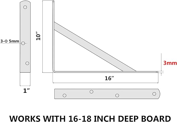 6-Pack 16 Inch Heavy Duty Shelf Brackets, Large Wall Bracket for Floating Shelves, 90 Degree Triangle Large L Bracket, Black Powder-Coated Steel