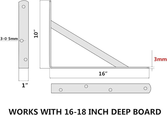 4-Pack 16 Inch Heavy Duty Shelf Brackets, Thicken Wall Bracket for Garage Floating Storage Shelves, 90 Degree Triangle Large L Bracket, Black Powder-Coated Steel