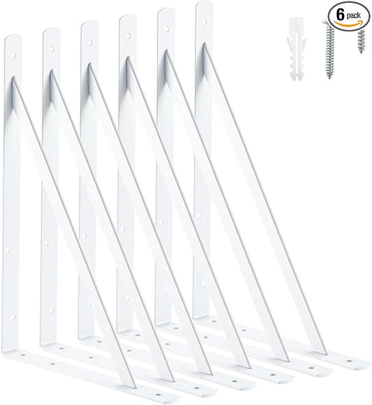 HOME MASTER HARDWARE 16x10 inch Heavy Duty Shelf Brackets, White Metal Wall Mounted Supports for Shelves, L Shaped Shelf Angle Bracket for Floating Shelves, 6 Pack