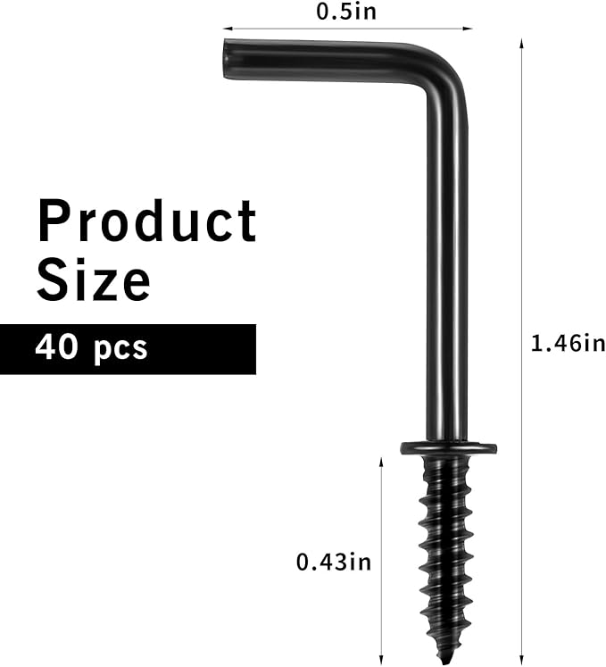 40 Pack L Hooks 1 Inch Small Black Wall Hook Vintage L Shape Screw in Hook, 7 Shape Right Angle Medal Hanging Square Bend Hooks for Jewelry and Home Organization