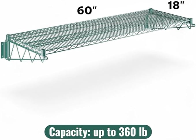 18" x 60" Green Wall-Mounted Wire Shelf with Epoxy Coating, Heavy-Duty Steel Storage Rack, NSF Certified, Easy Installation, Open Wire Design for Kitchen, Garage, or Utility Storage