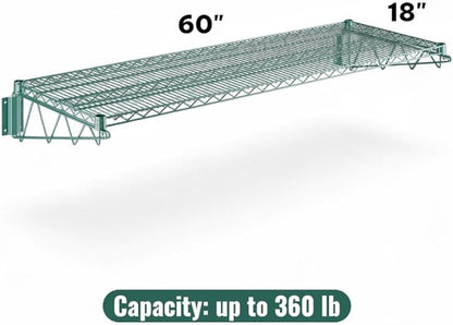 18" x 60" Green Wall-Mounted Wire Shelf with Epoxy Coating, Heavy-Duty Steel Storage Rack, NSF Certified, Easy Installation, Open Wire Design for Kitchen, Garage, or Utility Storage