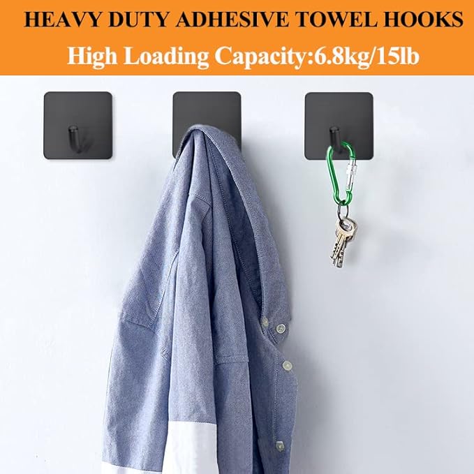 FOTYRIG Adhesive Towel Hooks No Drill Wall Hooks Stick on Wall Hangers Shower Hooks for Inside Shower Bathrooms Kitchen Door Black -4 Packs