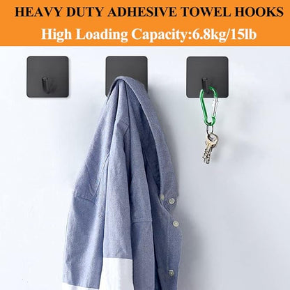 FOTYRIG Adhesive Towel Hooks No Drill Wall Hooks Stick on Wall Hangers Shower Hooks for Inside Shower Bathrooms Kitchen Door Black -4 Packs
