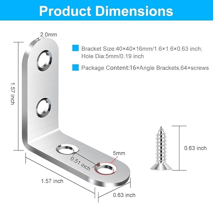 18PCS L Bracket & Corner Brace, Stainless Steel Right Angle Brackets for Shelves & Furniture with 72 Screws (40mmx40mm)