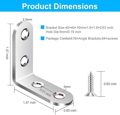 18PCS L Bracket & Corner Brace, Stainless Steel Right Angle Brackets for Shelves & Furniture with 72 Screws (40mmx40mm)