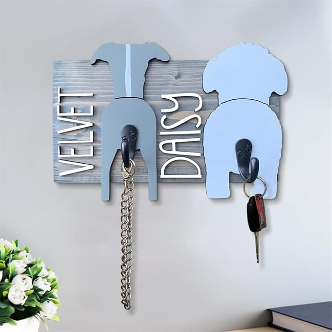 Personalized Dog Leash Holder for Wall Custom Name, Wooden Dog Butt Leash Hook, Decorative Key Rack Hooks Hanger for Entryway, Hallway, Farmhouse Dog Items Storage Organizer (2 Dog)