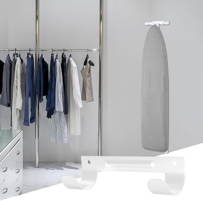 Ironing Board Hanger, Wall Mount Ironing Board Holder with Screws, Iron Boards Hook Storage Organizer Wall Rack for Y-Leg or T-Leg Hanging Shelf for Laundry Room(White)