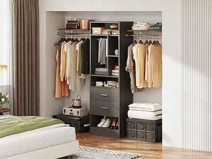 COTUBLR Closet System, 48" W - 105” W Closet Organizer with 24” Tower and 2 Extendable Hanging Rods, Walk-in Wardrobe Garment Rack with 2 Wooden Drawers and 6 Shelves, Fit up to 600 LBS (Black)