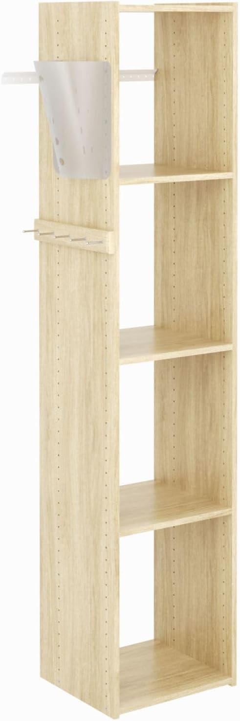 Easy Track 5 Shelf Wood Utility Mountable Home Closet Storage Tower Kit System with 5 Peg Rack, Bag Holder, and 2 Adjustable Shelves, Honey Blonde
