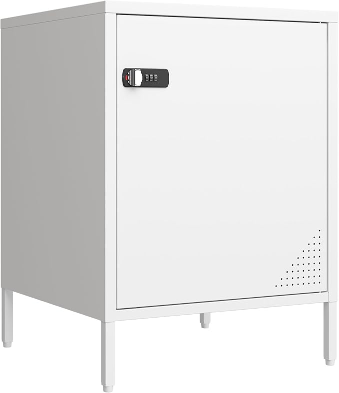 Metal Locker End Table Single Door Nightstand Lockable Bedside Table Storage Cabinet for Bedroom, Dorm, 21.26”H X 15.75”W X 15.75”D (1 Door, White)