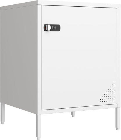 Metal Locker End Table Single Door Nightstand Lockable Bedside Table Storage Cabinet for Bedroom, Dorm, 21.26”H X 15.75”W X 15.75”D (1 Door, White)