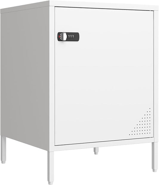Metal Locker End Table Single Door Nightstand Lockable Bedside Table Storage Cabinet for Bedroom, Dorm, 21.26”H X 15.75”W X 15.75”D (1 Door, White)