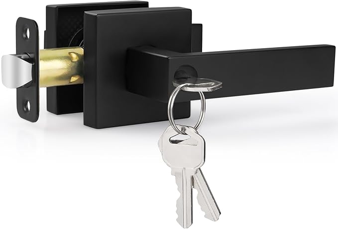 Estmoon Door Lock Matte Black Door Knob with Lock, Heavy Duty Keyed Front Door Handle Exterior Lockset, Entrance Exterior Door Knob for Bedroom, Bathroom, Front Door, Office, 1 Pack