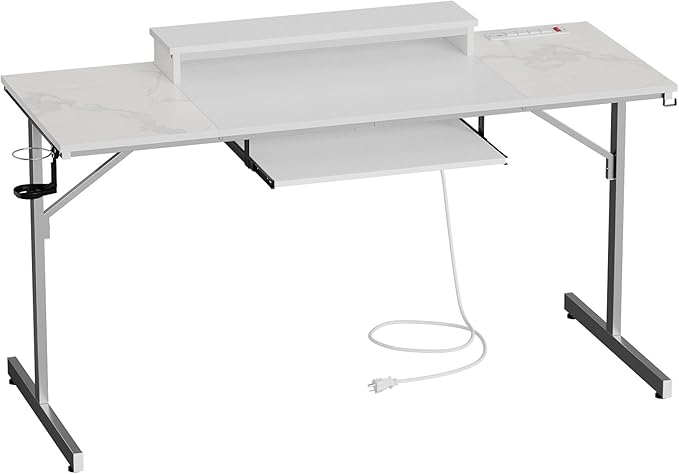 Bestier 63 Inch Gaming Desk with LED Lights & Power Outlets Computer Desk with Laptop Stand & Keyboard Tray Modern PC Desk with Headset Hook for Home Office, Carbon Fiber and Marble Splicing White